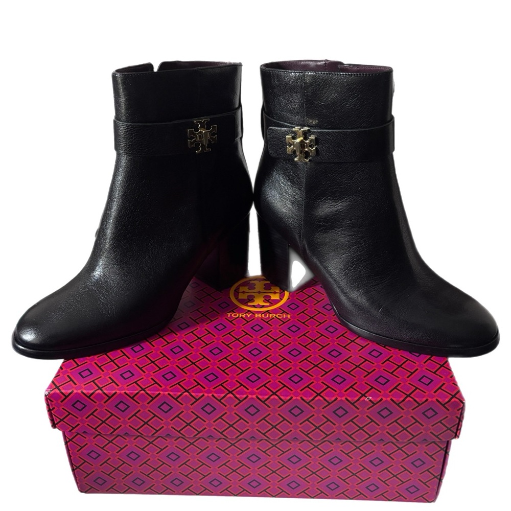 Tory Burch Black Heeled Boots with Gold Logo